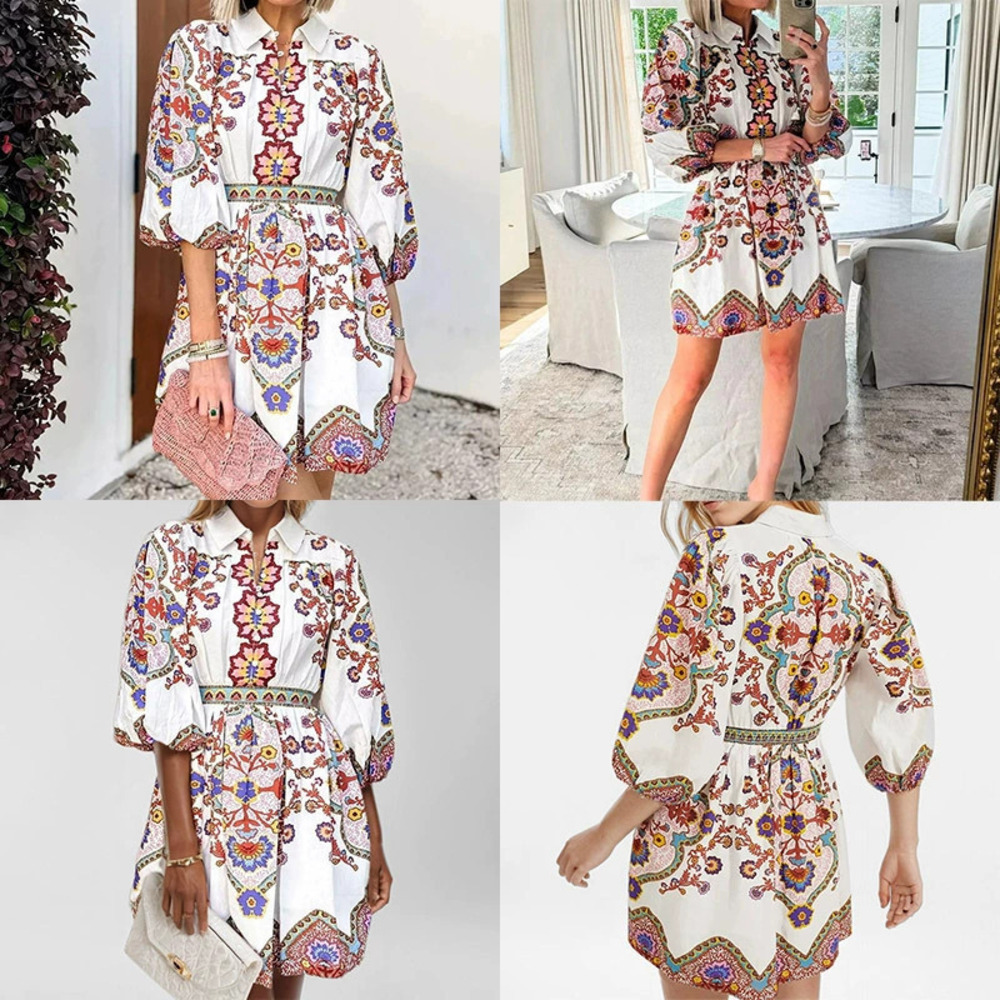 ZARA Summer Fashion Elegant Printed Collar Lantern Sleeve Dress
